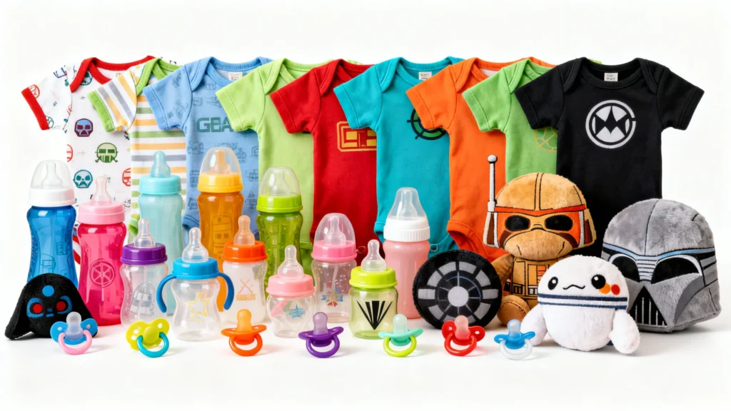 Colorful baby onesies, bottles, pacifiers, and plush toys arranged in a row for a baby shower gift display