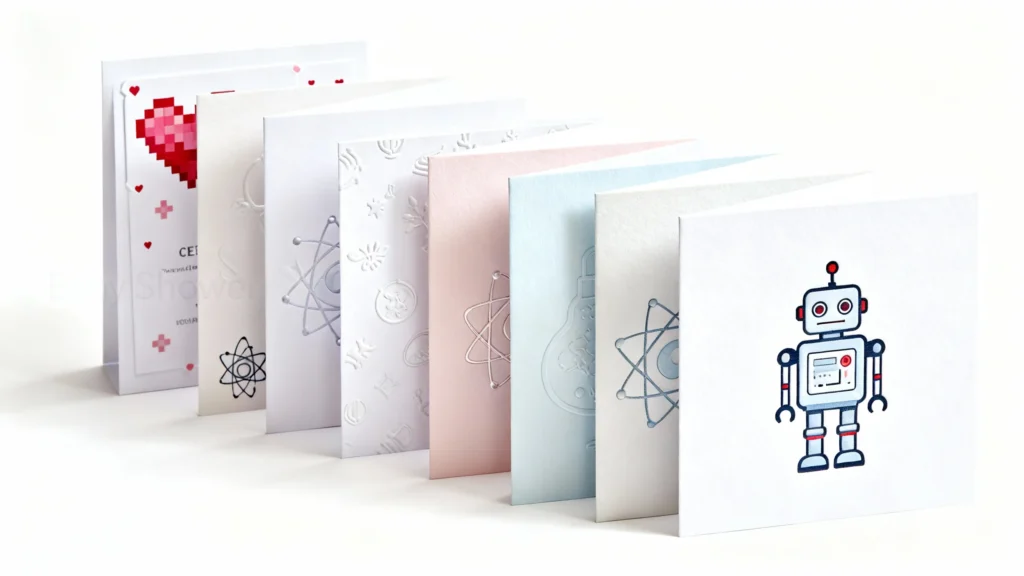 Row of colorful baby shower cards with nerdy designs including a robot, atom symbols, and pixel heart on white background