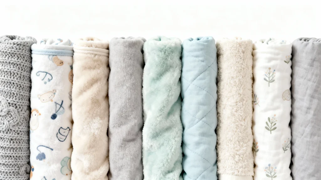 Rolled soft baby blankets in various textures and pastel colors arranged side by side