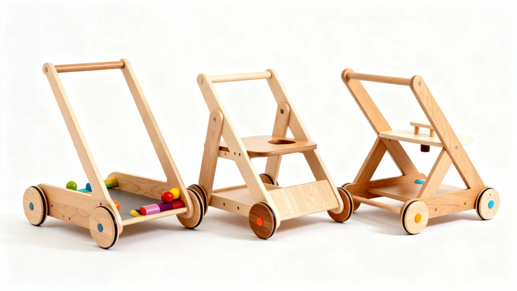 Three different styles of wooden baby walkers with wheels and handles on a white background