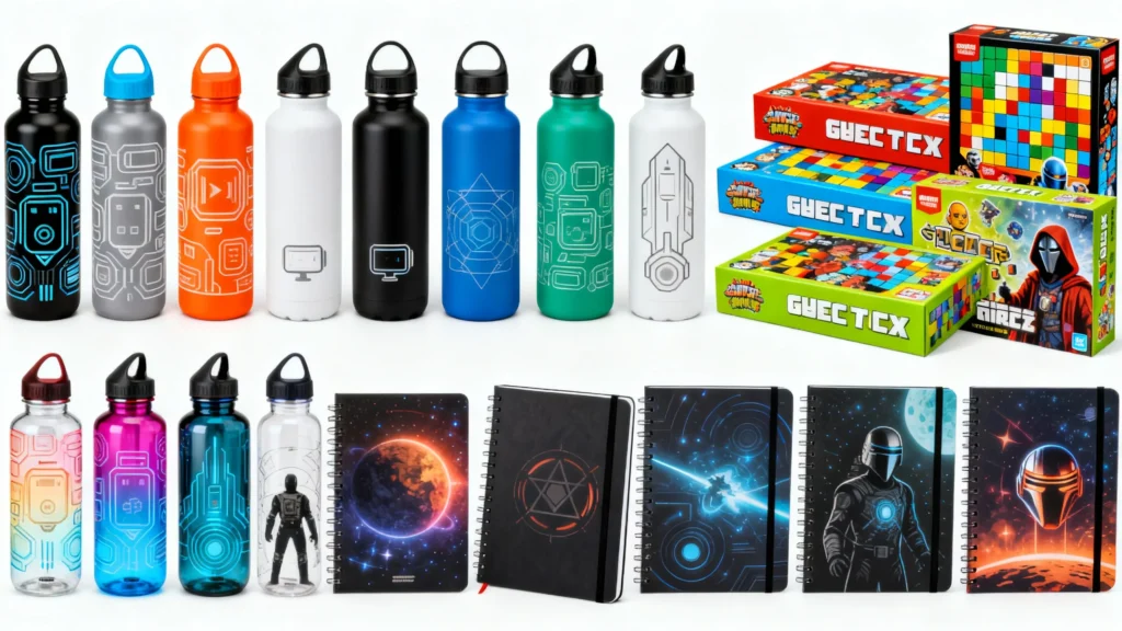 Colorful water bottles, space-themed notebooks, and boxed board games arranged as youth gift ideas for teens and tweens